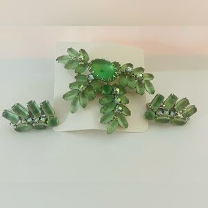 Signed Continental Satin Green Brooch & Earrings Set